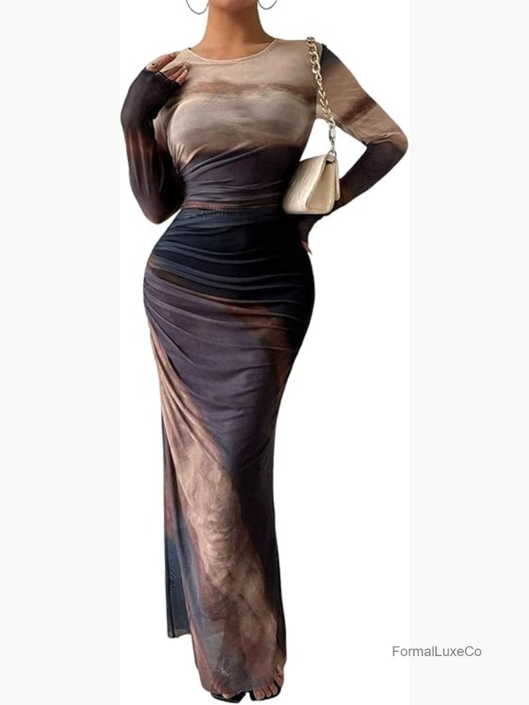 Long Sleeve Maxi Bodycon Dress Tie Dye Ruched Mesh Layer Prom Formal
